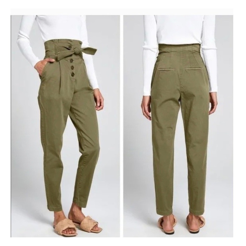 ALC Trousers Size 6 Olive Green Paperbag Waist Tapered Button‎ Fly Belted